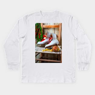 Old Ice Skates On Wooden Chair Kids Long Sleeve T-Shirt